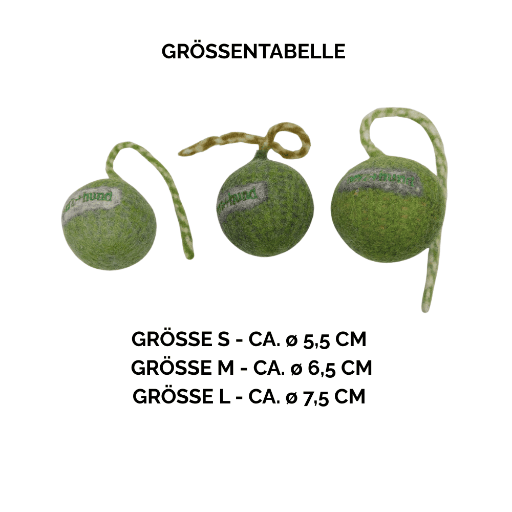 Nachhaltiges Hundespielzeug Schleuderball grün - Größentabelle