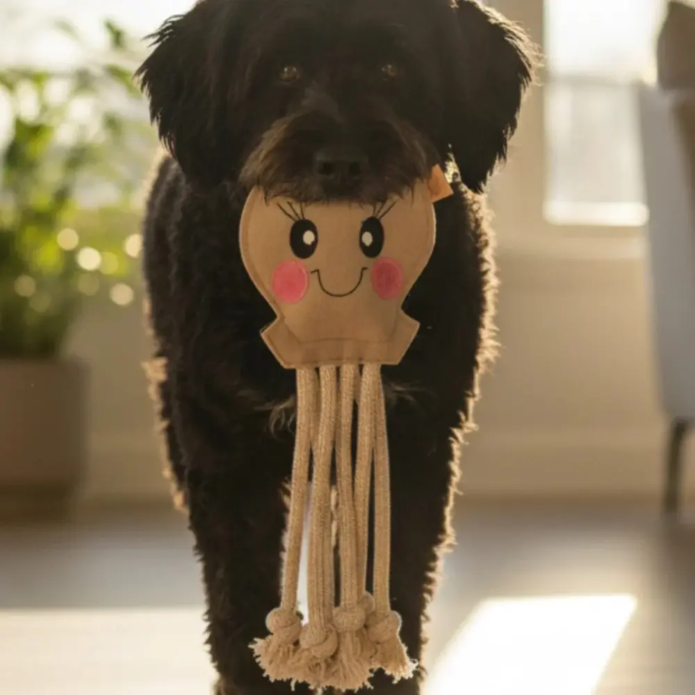 Hund mit nachhaltigem Hundespielzeug im Maul