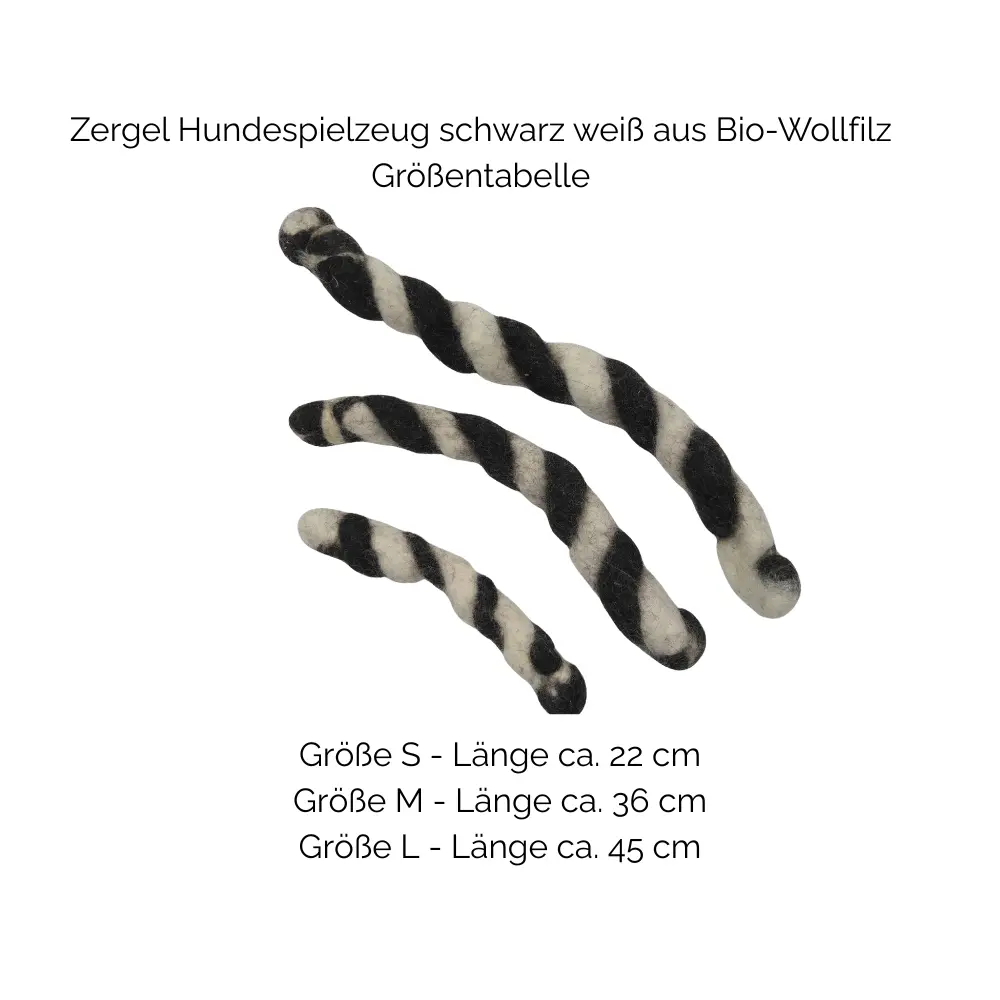 Nachhaltiges Hundespielzeug Zergel schwarz weiß - Größentabelle