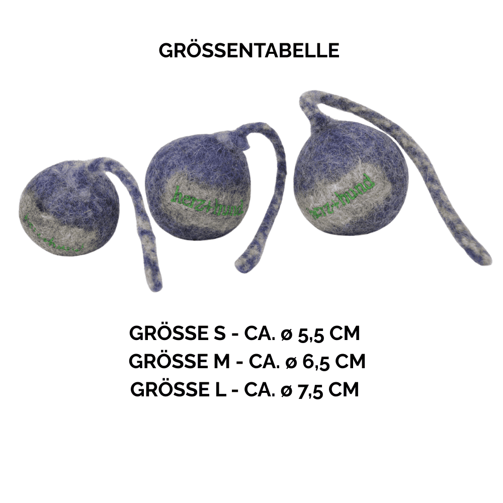 Nachhaltiges Hundespielzeug Schleuderball blau - Größentabelle