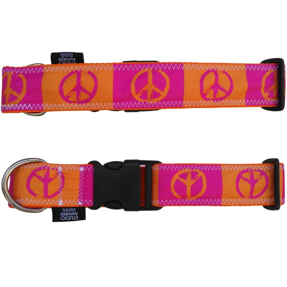 Hundehalsband Peace pink orange aus recyceltem Segelstoff Vorder- und Rückseite