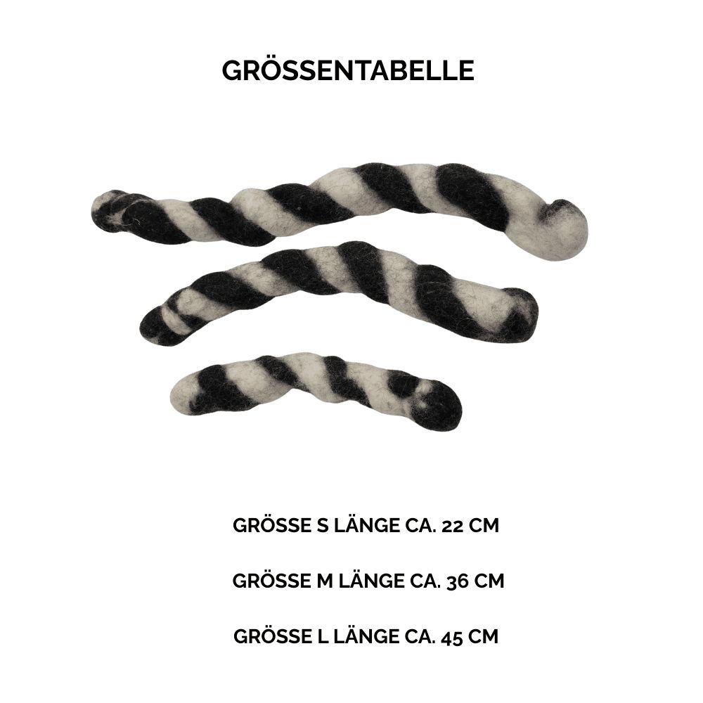 Nachhaltiges Hundespielzeug Zergel schwarz weiß - Größentabelle