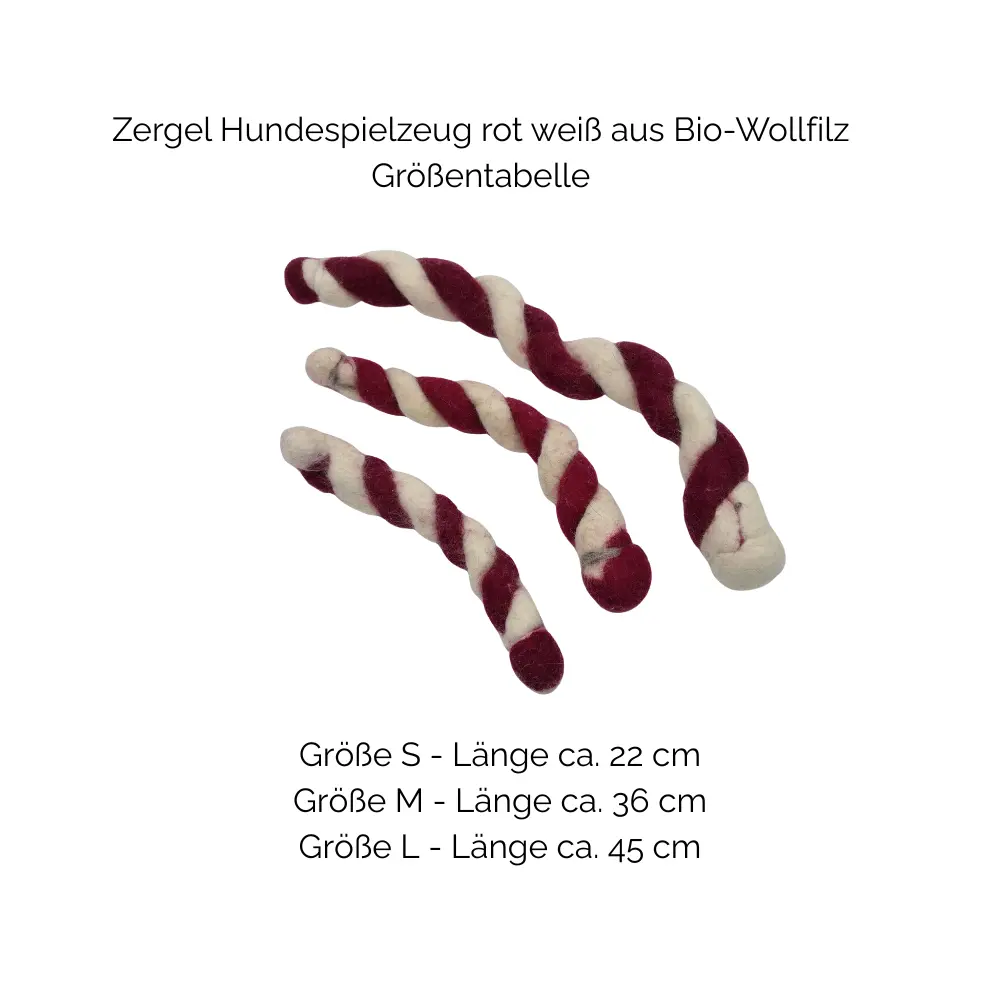 Nachhaltiges Hundespielzeug Zergel rot weiß - Größentabelle