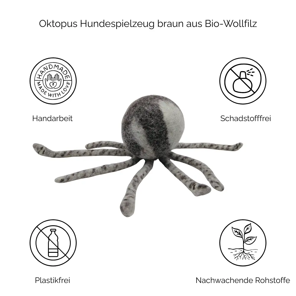 Nachhaltiges Hundespielzeug Oktopus braun aus Wolle