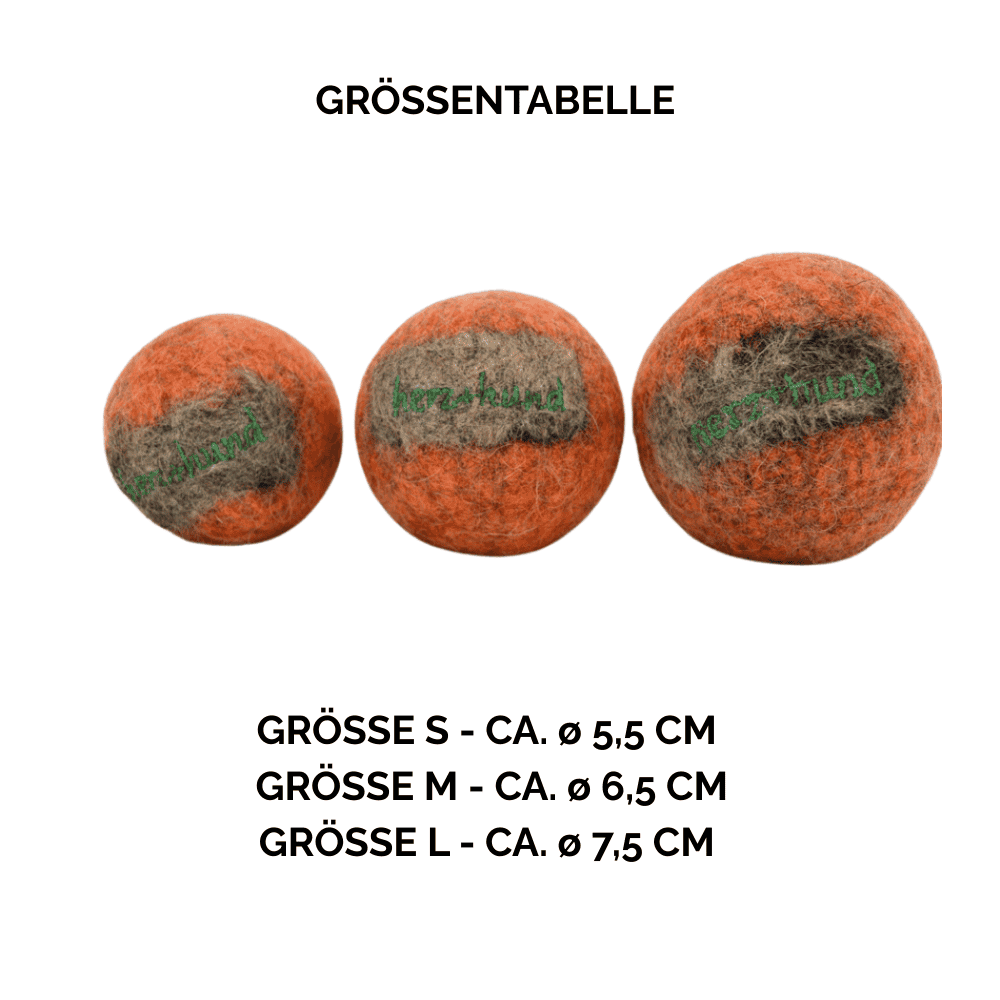 Nachhaltiges Hundespielzeug Hundeball orange - Größentabelle
