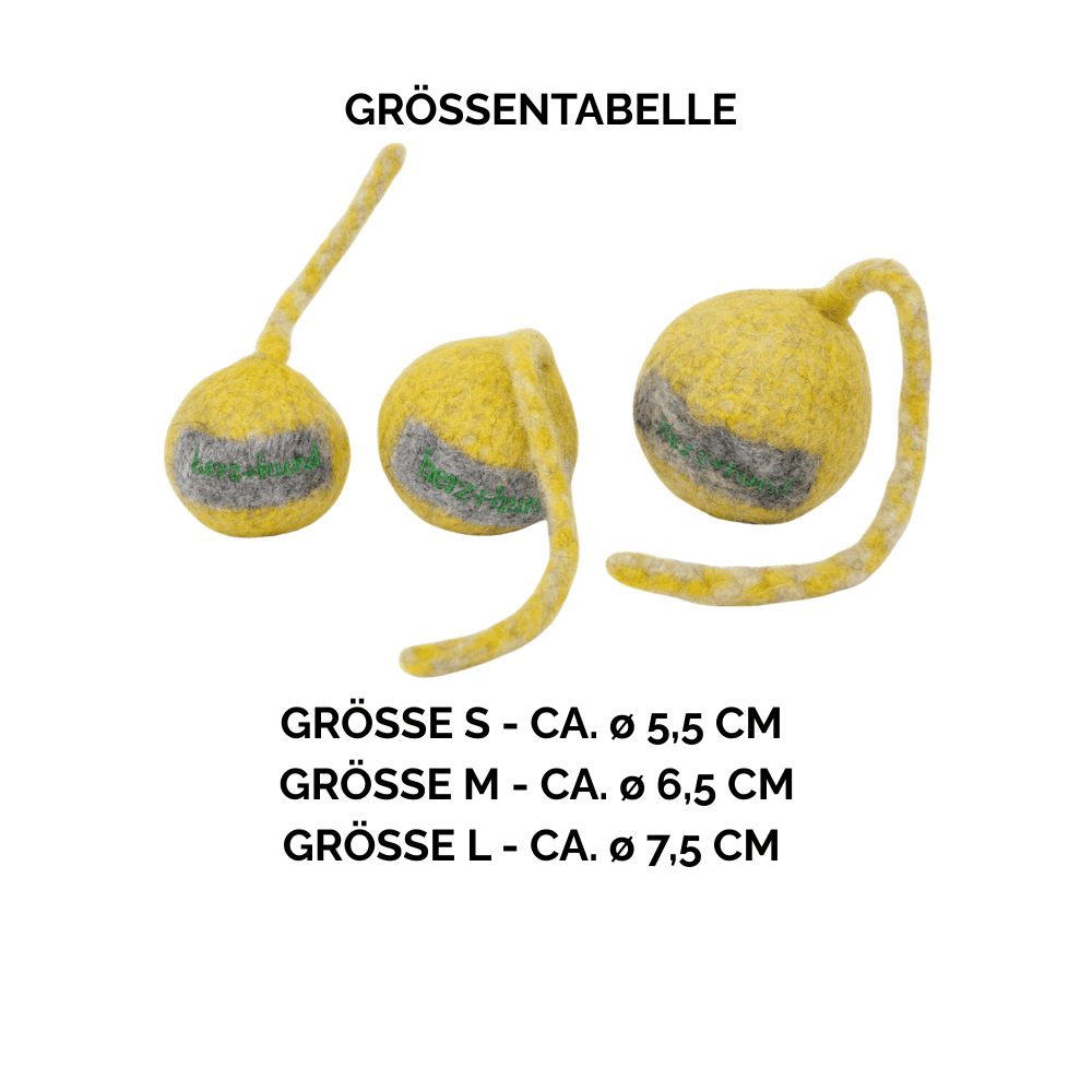 Nachhaltiges Hundespielzeug Schleuderball gelb - Größentabelle