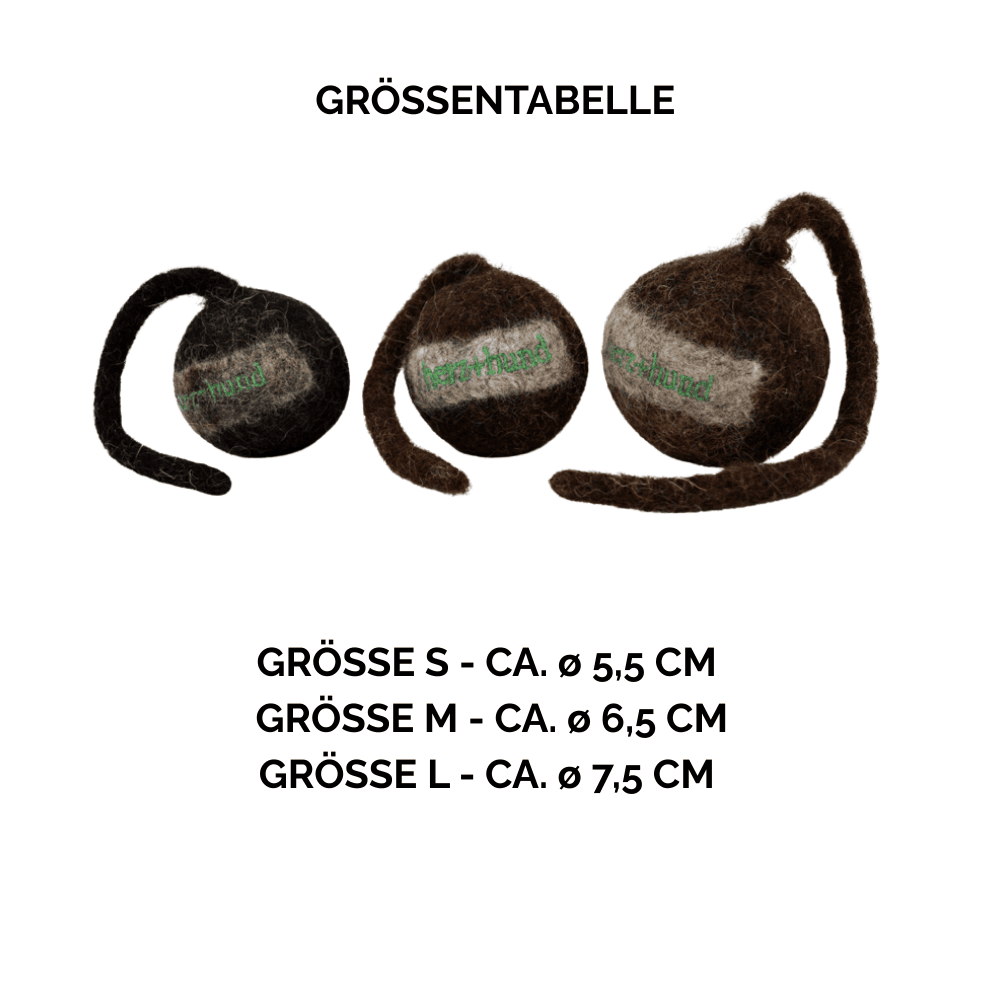 Nachhaltiges Hundespielzeug Schleuderball braun - Größentabelle