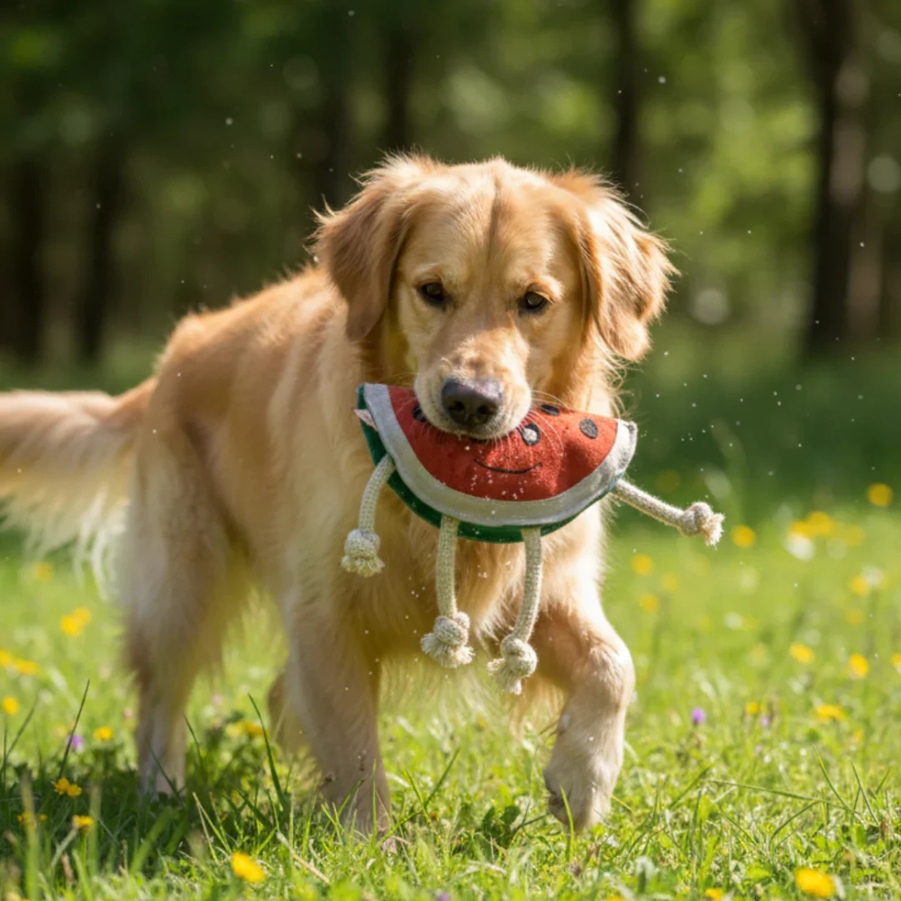 Nachhaltiges Hundespielzeug Mone Melone im Einsatz mit Golden Retriever