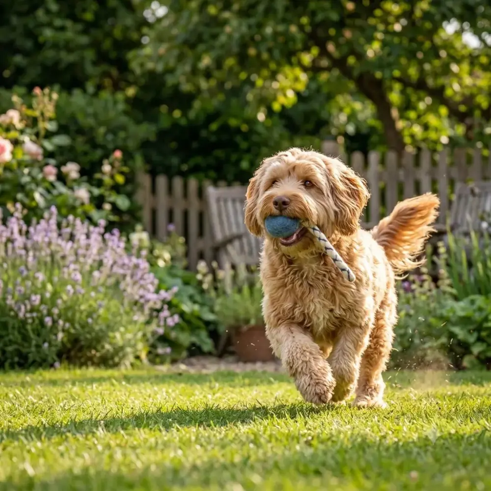 Brauner Tibet Terrier spielt mit dem blauen robusten Schleuderball