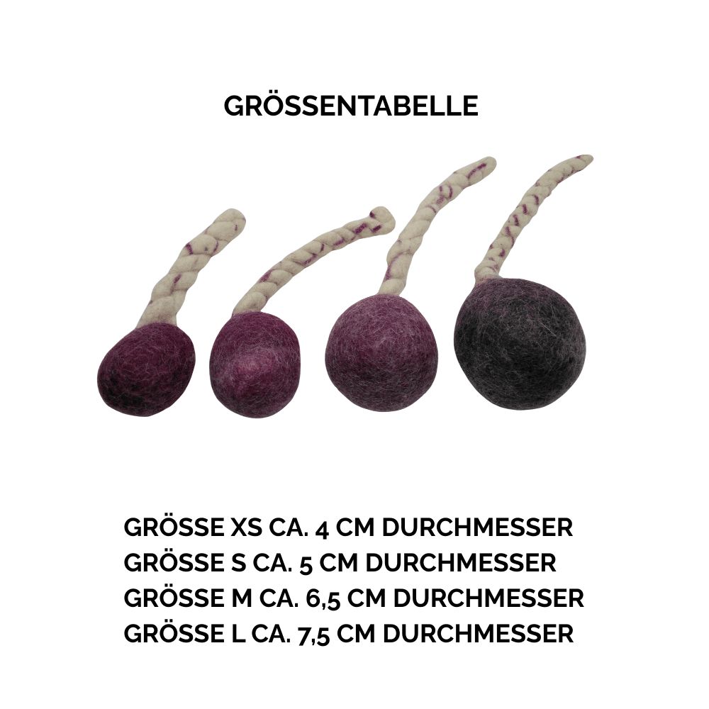 Nachhaltiges Hundespielzeug Schleuderball Robust lila - Größentabelle
