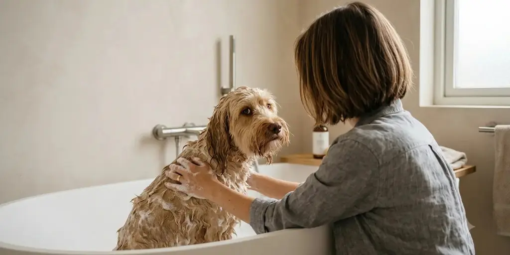 Hund einshampooniert in Wanne