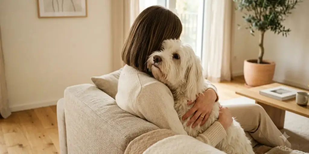 Hund mit Frauchen mit Pfote und Hand
